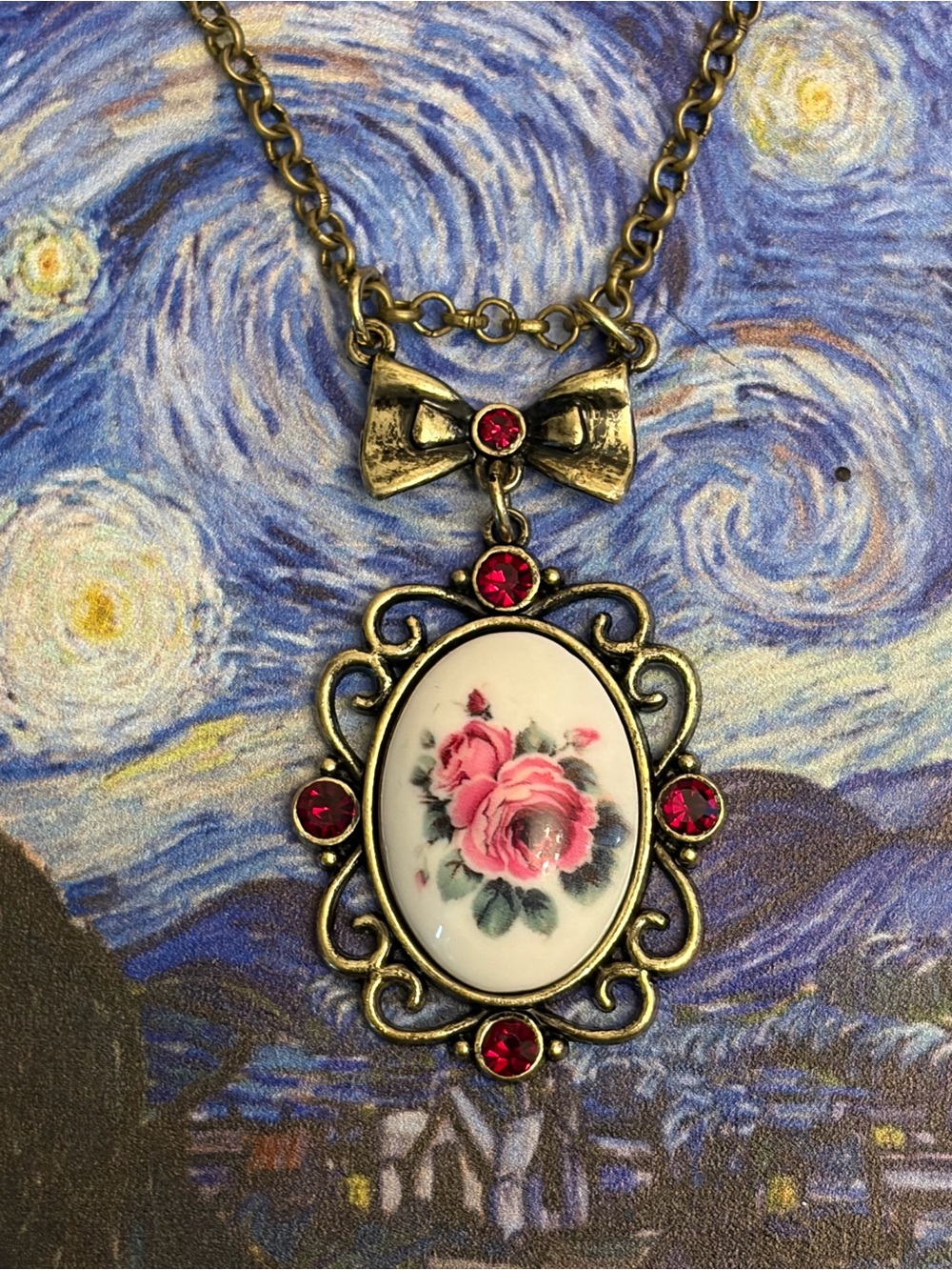 Antique-Style Pink Rose Pendant Necklace with Red Accents